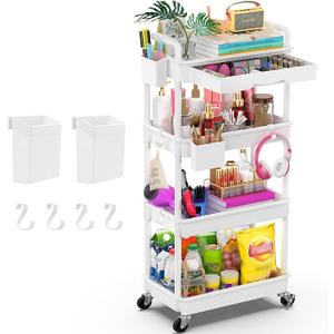 Goovilla 4 Tier Rolling Utility Cart Organizer with Removable Drawer, Stable and Sturdy Pink Rolling Storage Carts with 2 Lockable Wheels for Bathroom, Kitchen, Snack, Craft, Makeup, Baby Essentials