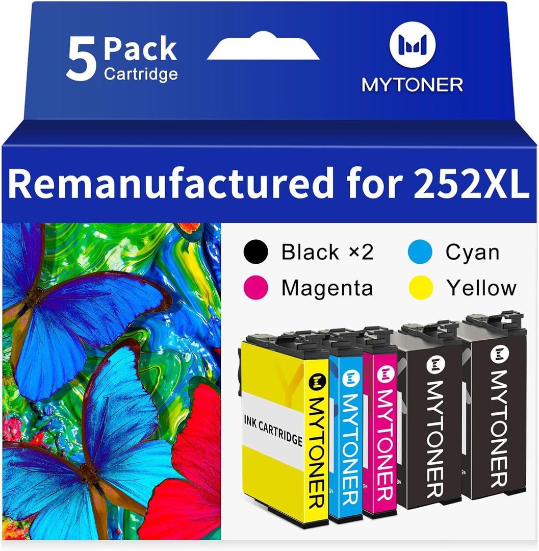 Remanufactured for 252XL Ink Cartridge Replacement for Epson 252XL Ink Cartridges for Workforce WF-3640 WF-3630 WF-3620 WF-7620 WF-7710 WF-7720 Printer (Black Cyan Magenta Yellow,5-Pack)