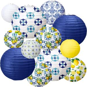 12 Pcs Paper Lantern Kit Amalfi Coast Capri Positano Lemon Party Supplies Summer Mediterranean Decorations Yellow Green White Lemon Pattern for Baby Shower Wedding Birthday Decorations