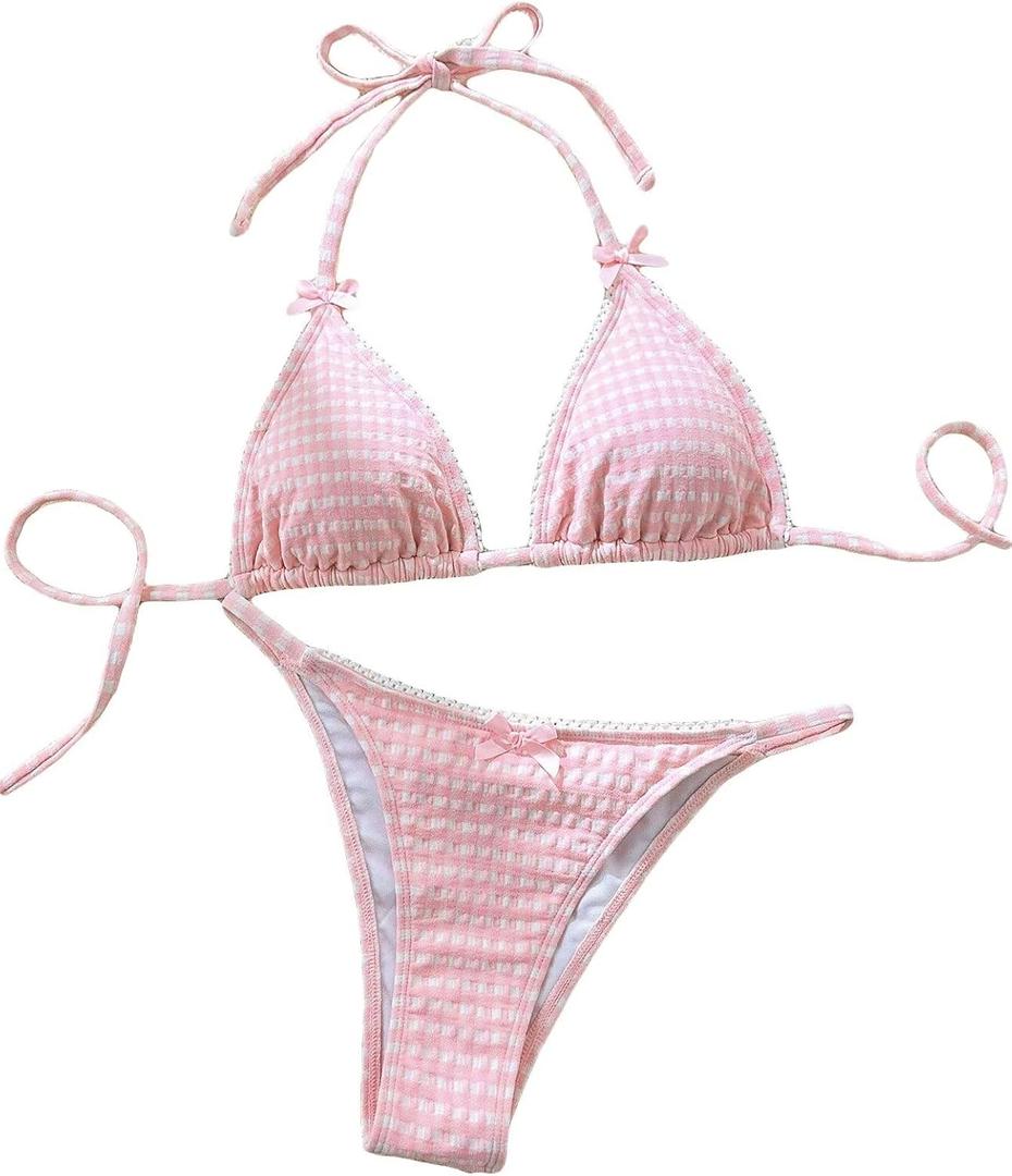 Women's Plaid Gingham Bathing Suit High Waisted Halter Triangle Swimsuit Bikini Set (Pink, XS)