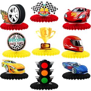 Inbagi 9 Pieces Race Car Party Decorations Race Car Honeycomb Centerpieces Party Table Decor Double-Sided Photo Booth Props for Birthday Supplies