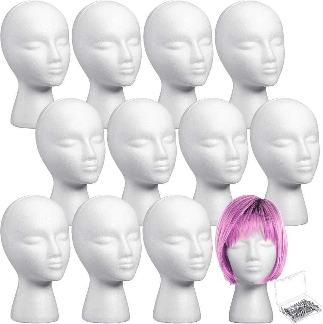 Gisafai 12 Pcs Foam Wig Head with 50 Pcs T Pins Female Foam Mannequin Wig Stand and Holder 11" Tall Cosmetics Model Head Display Hair, Hats Hairpieces Display for Home Travel Salon