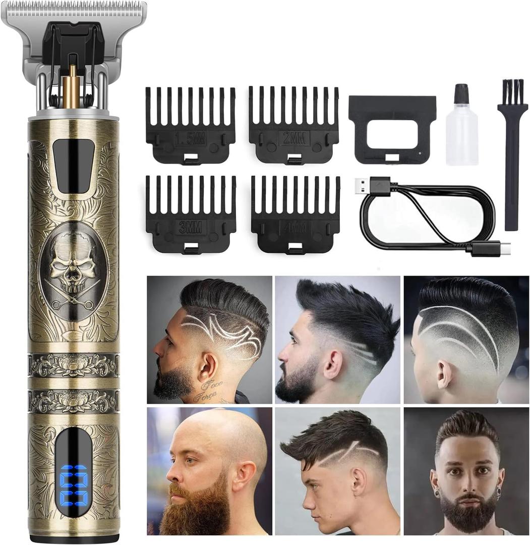 Professional Hair Trimmer for Men, Beard Trimmer Hair Clippers for Men, Cordless Rechargeable Hair Trimmer Metal Body Cutting Grooming Kit, Beard Shaver Barbershop (Bronze with LCD)