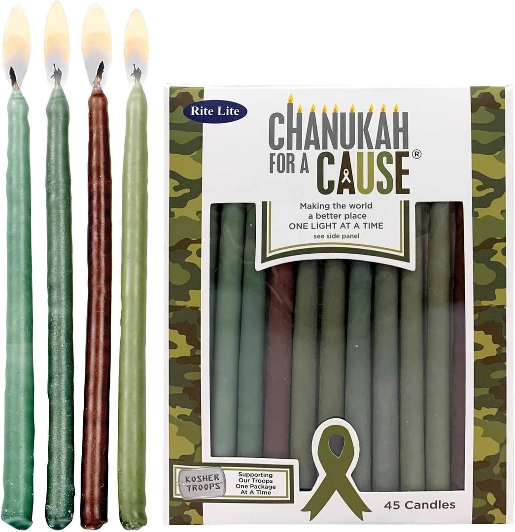Rite Lite Chanukah for a Cause Green Hanukkah Candles (Support Our Troops) - Bulk Pack of 45 - Decorative & Fits Most Menorahs Dripless Jewish Holiday Party Favors Accessories Decorations