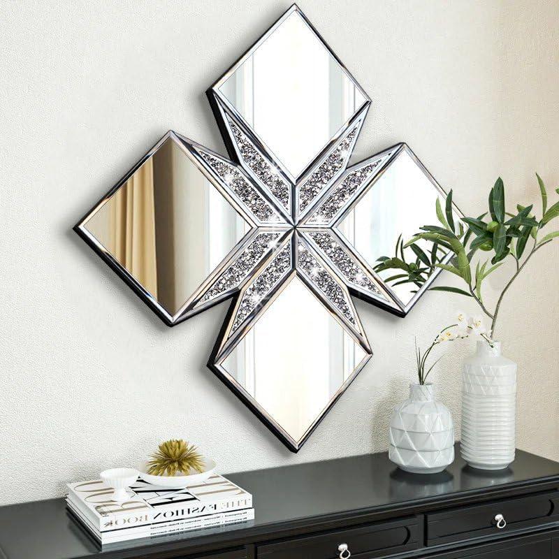 Crushed Diamond Decorative Mirror 22.25x22.25 Diamond Shape Glass Wall Mirror for Home Decoration, Exquisite Accent Wall Decor
