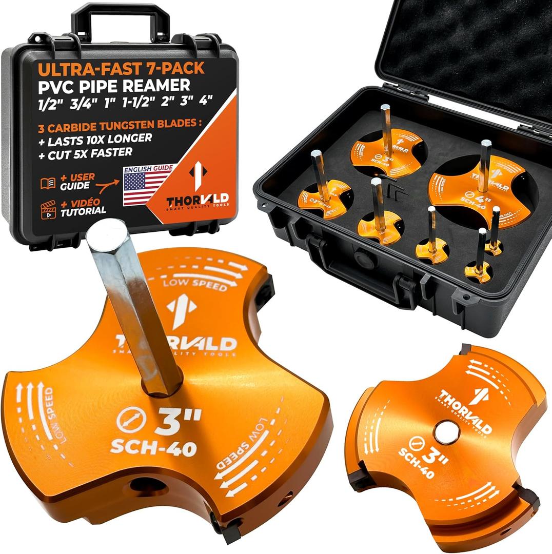 THORVALD PVC Pipe Reamer TriForce - 7 Sizes with Tungsten Carbide Blades - Video Tutorial + User Guide - 3 Blades PVC Fitting Saver for Plumbing - Tool Sizes: 1/2" ; 3/4 ; 1 ; 1-1/2 ; 2 ; 3 ; 4