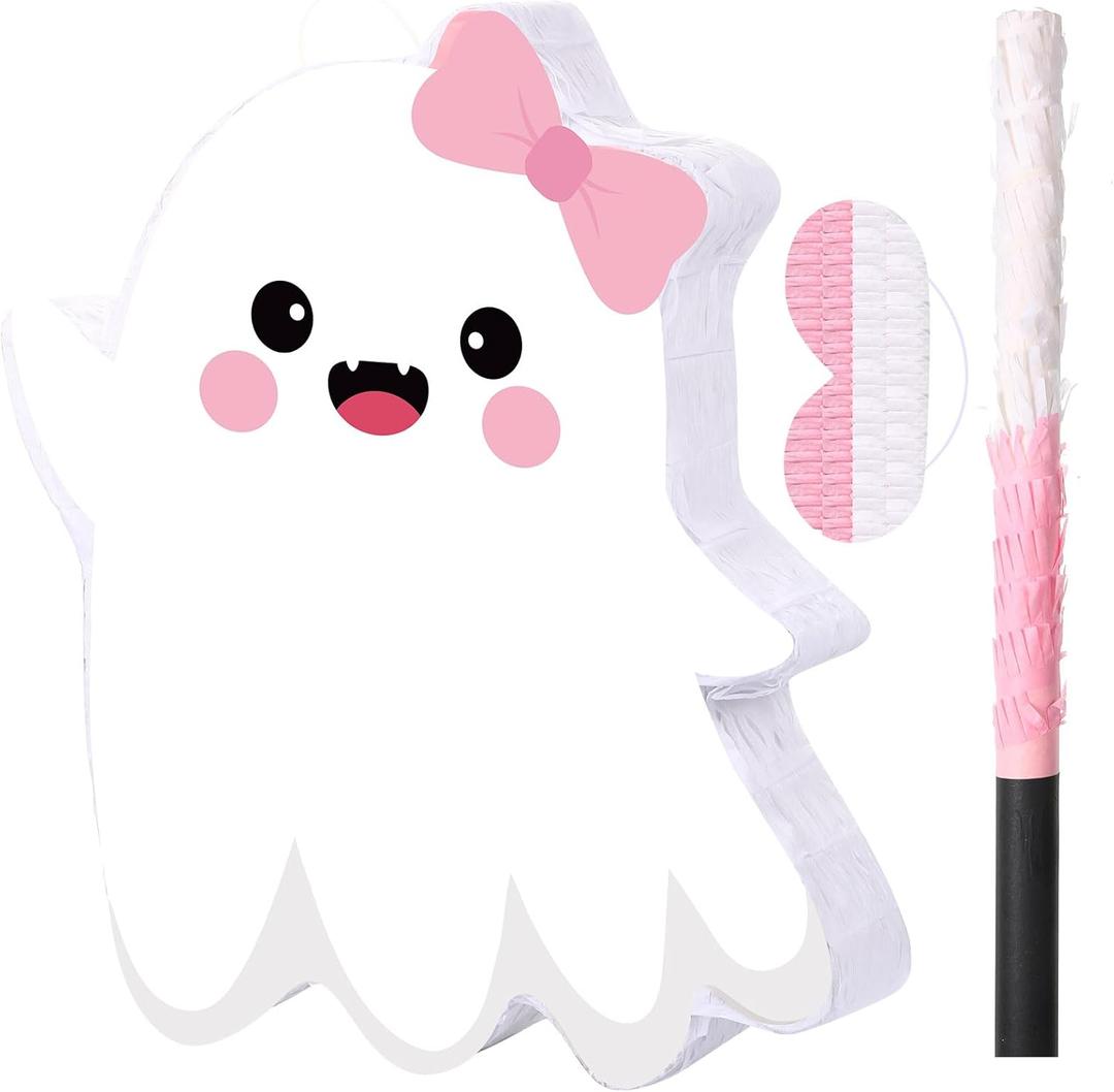 Aoriher Ghost Piata Pink Halloween Piata White Pink Ghost Party Piata with Bat Stick Blindfold Mask Confetti for Halloween Holiday Theme Festival Birthday Party Supplies Decoration(Cute)
