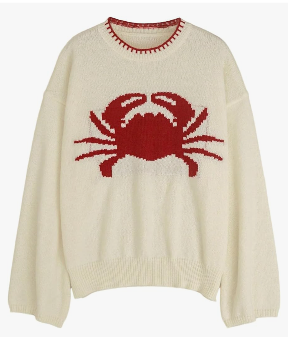 Women's Oversized Sweater Y2K Graphic Crab Print Crew Neck Knit Sweater Pullover, Size XXL