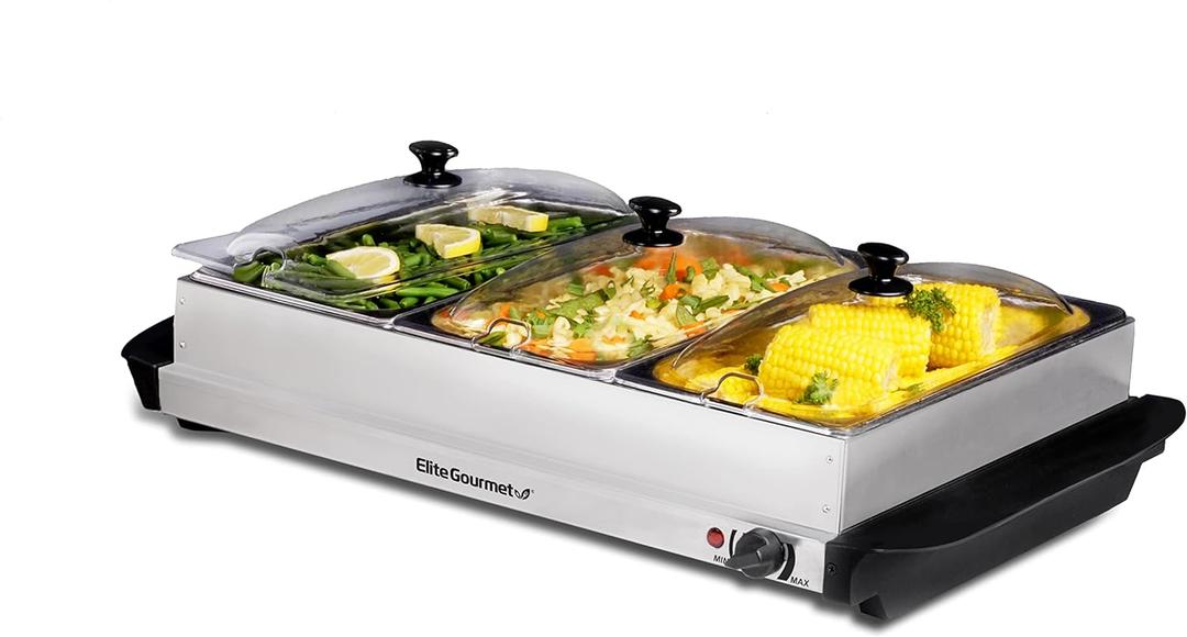 Elite Gourmet EWM-6171 Triple 3 x 2.5 Qt. Trays, Buffet Server, Food Warmer Temperature Control, Clear Slotted Lids, Perfect for Parties, Entertaining & Holidays, 7.5 Qt Total, Stainless Steel (7.5 Quart / 3 Trays)
