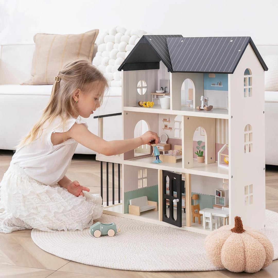 Wooden Dollhouse for Kids, 6-Room Modern Style Toy Doll House Playset with 26 Furniture & Functional Doors, 1:12 Scale Open Plan Dollhouse Designed for 4-6 Inch Dolls, STEM Creative Gift for Ages 3+
