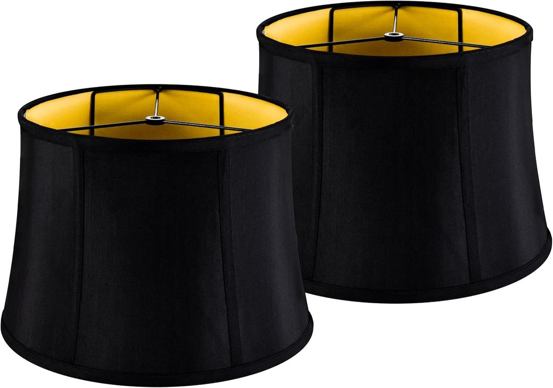 GOSO Black Lamp Shades Set of 2 Large Drum Lampshades -12x14x10 inch (Spider) Foldable Lamp Shade for Floor Lamps Table Lamp Natural Faux Silk Lampshade Replacement Rustic Shade-Easy Assembly