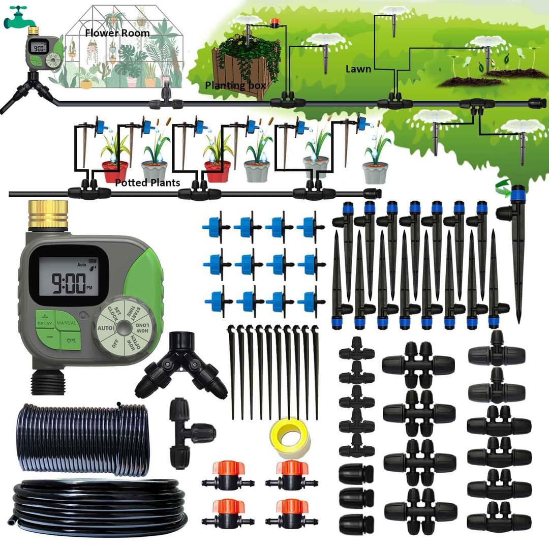 Drip Irrigation System with Water Timer Auto Watering System for Garden 5/16ID and 1/4 Inch Pipe 162ft Adjustable Spray Kit, for Greenhouse, Garden, Lawn, and for Potted Plants, Kit 8a - 162 ft