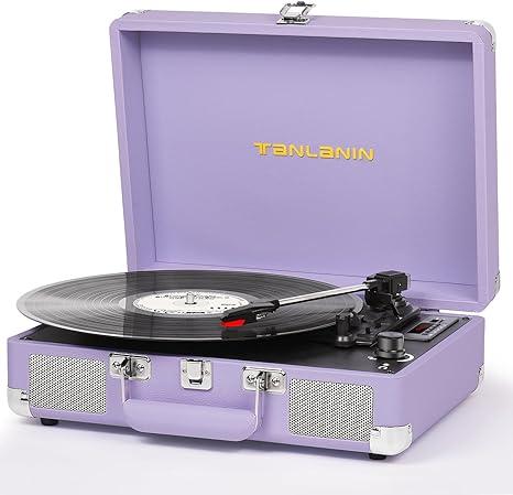 Vinyl Record Player with Builtin Speakers Vintage 3Speed Portable Suitcase Bluetooth Turntables with USB Recording BeltDriven LP Player Support AUX/RCA/Headphone Jack, Purple Leather