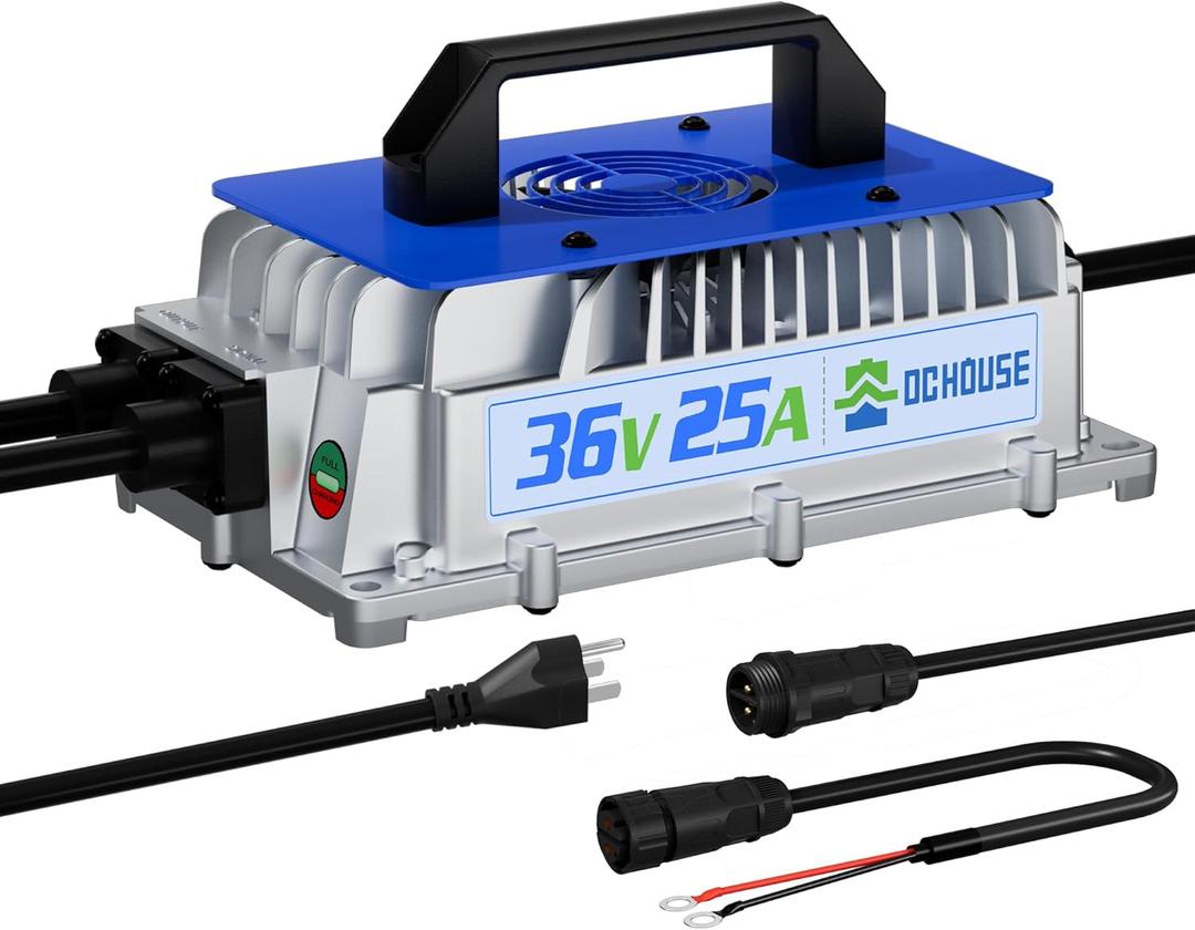 DC HOUSE 36V 25A Lithium Battery Charger, 900W Fast Charger, Charging Efficiency 93%, Waterproof Anti-Fall with Cooling Fan, Suitable for 36V Golf Cart,Trolling Motor, Forklift LiFePO4 Battery
