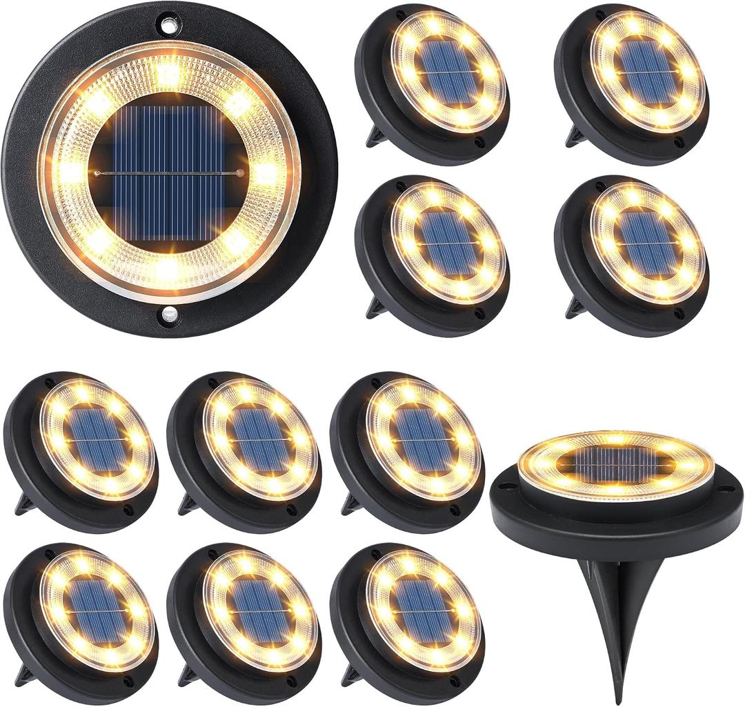 Flacchi Solar Lights Outdoor Waterproof - 2-in-1 Solar Powered Ground Lights Outdoor Solar Disk Light Landscape Light for Deck Step Patio Yard Pathway Walkway Driveway Garden (Warm White, 12 Pack)