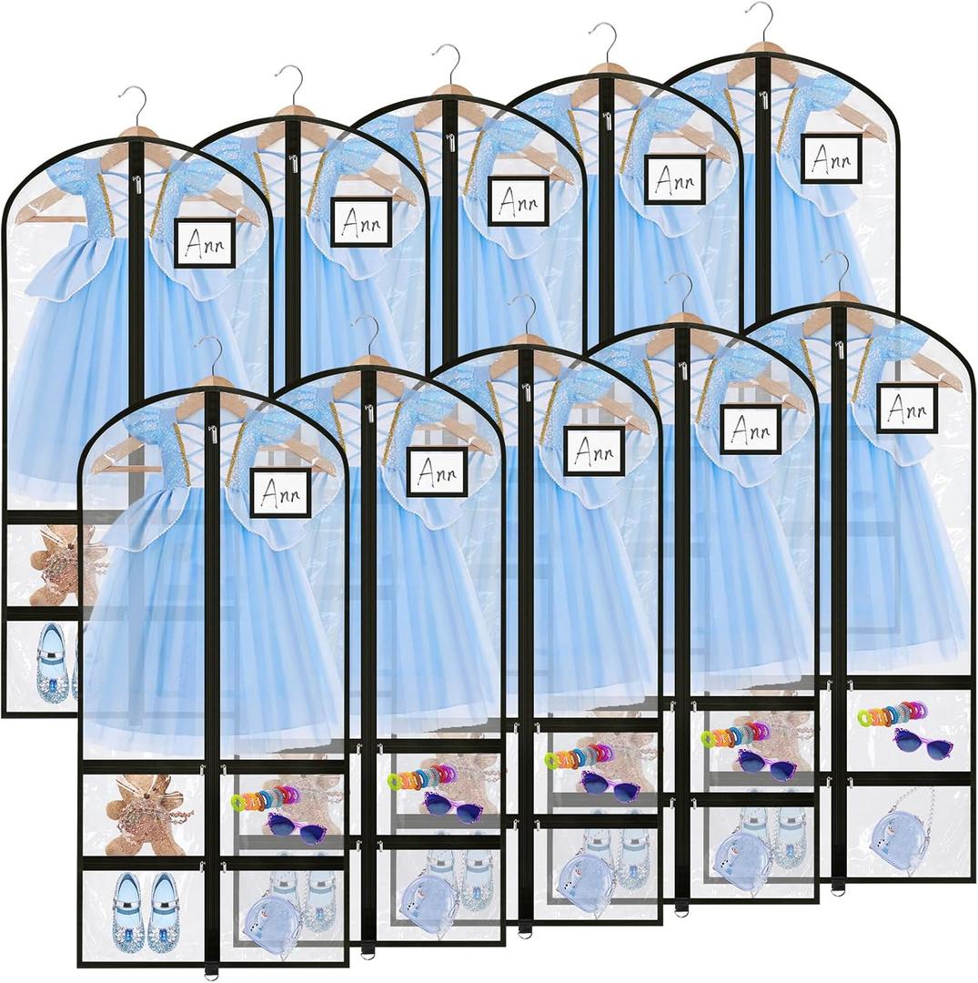 Paterr 10 Pcs 50 Inch Clear Dance Costume Garment Bag Plastic Garment Cover for Dance Competitions, with Zipper Multiple Pockets for Dancers Hanging Clothes Organizer Travel Storage(Clear Black)