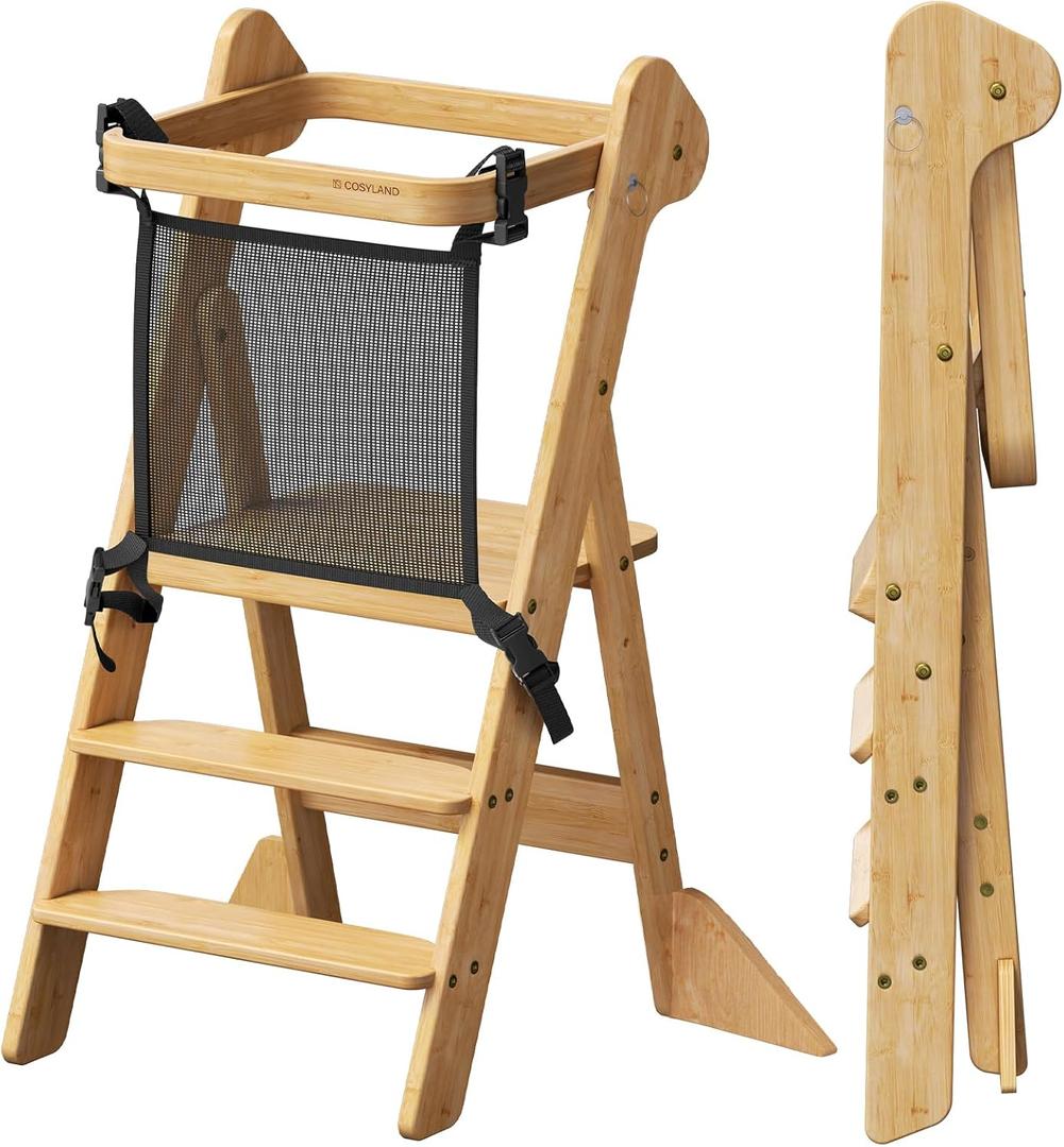 COSYLAND Foldable Kids Step Stool - iF Design Award Standing Tower with Safety Net & 2 Large Side Support Legs - Adjustable Height Toddler Ladder for Kitchen Counter/Bathroom Sink -(Natural)-Foldi, 18.11"D x 17.32"W x 35.43"H
