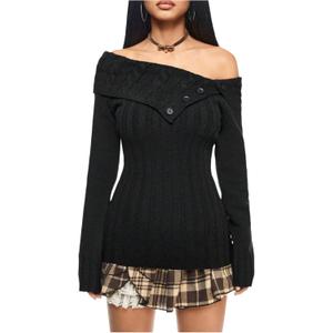 MakeMeChic Women's Off The Shoulder Sweater Foldover Button Rib Knit Long Sleeve Pullover Tops (Large, Black)