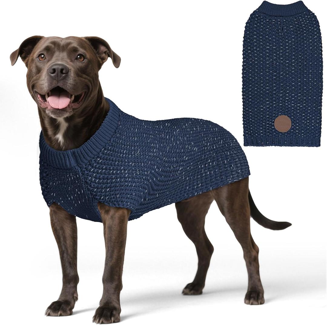 KYEESE Dog Sweater with Leash Hole Comfy Pullover Sweater Medium Size Male with Reflective Yarn Warm Pet Coats Stretchy Cozy Lightweight Thick Knitwear Dog Clothes, Navyblue, X-Large (XL (40-60lbs))