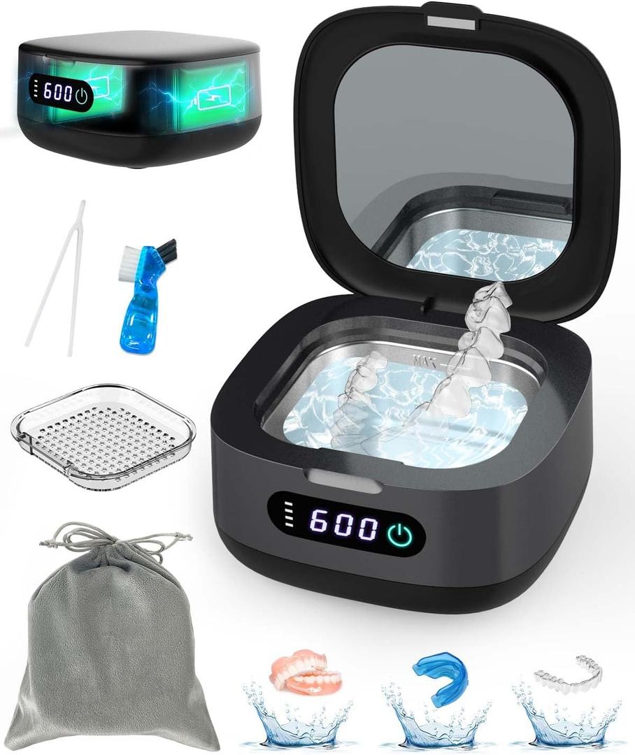 Voraiya 2025 Rechargeable Ultrasonic Retainer Cleaner, Portable Retainer Cleaner Machine, 52kHz Retainer Cleaner for Dentures, Night Guards, Mouth Guards, 166ml Dental Cleaning Pod with Mirror,3 Modes (Black)