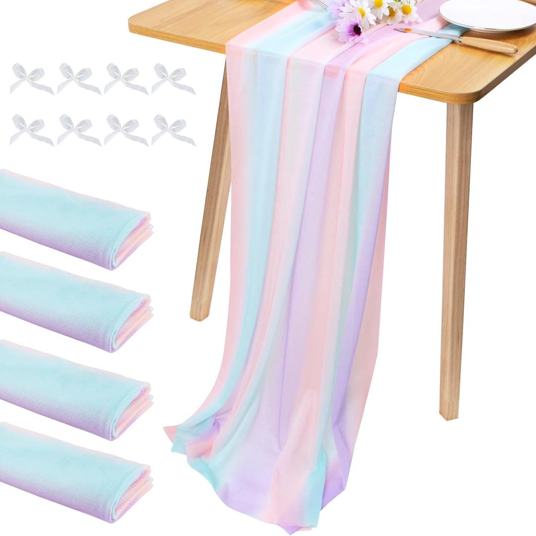 JeogYong 4 Pcs Colorful Chiffon Table Runner - 30 x 118 Inch Sheer Tulle Rainbow Table Runner for Wedding Shower Decorations, Bridal Shower, Garden Party Decorations (Iridescent)