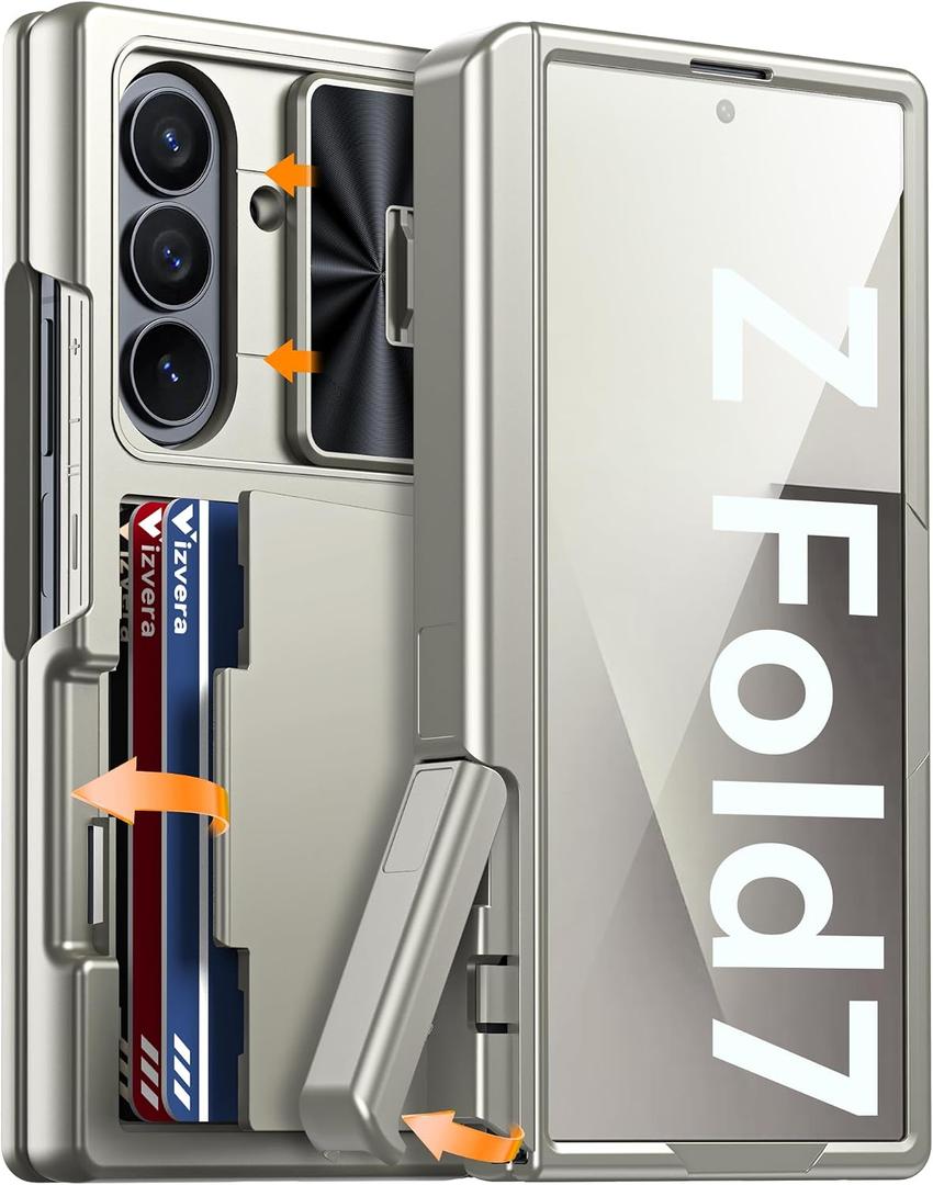Vizvera for Samsung Galaxy Z Fold 7 Case RFID Wallet with Cards Holder[Kickstand][Camera Cover] Shockproof Silicone Protective Phone Case for Z Fold 7 2025-Natural Titanium