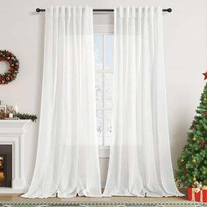Extra Long Ivory Curtains 132 Inch Length 2 Panels Set Back Tab Neutral Farmhouse Drapes Light Filtering Semi Sheer Linen Curtain 132 Inches Long for Floor to Ceiling Window Patio Sliding Door