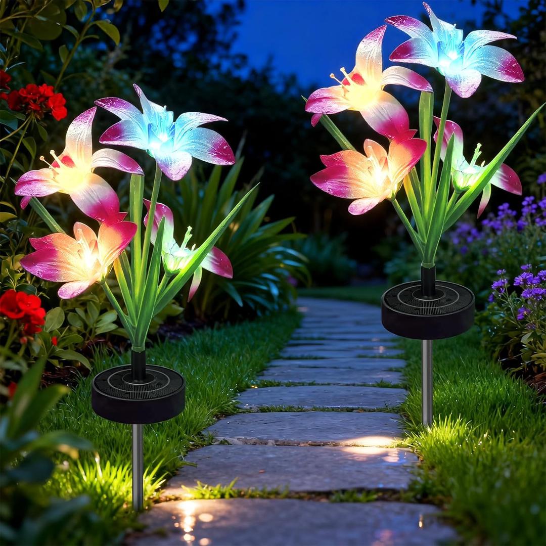 Upgraded Solar Garden Lights, 2 Pack Outdoor Solar Lights, New Round Panel for 40-Hour Runtime, Serve as Outdoor & Indoor Decor, 7-Color Changing Flower Lights, Waterproof for Patio Yard Decoration