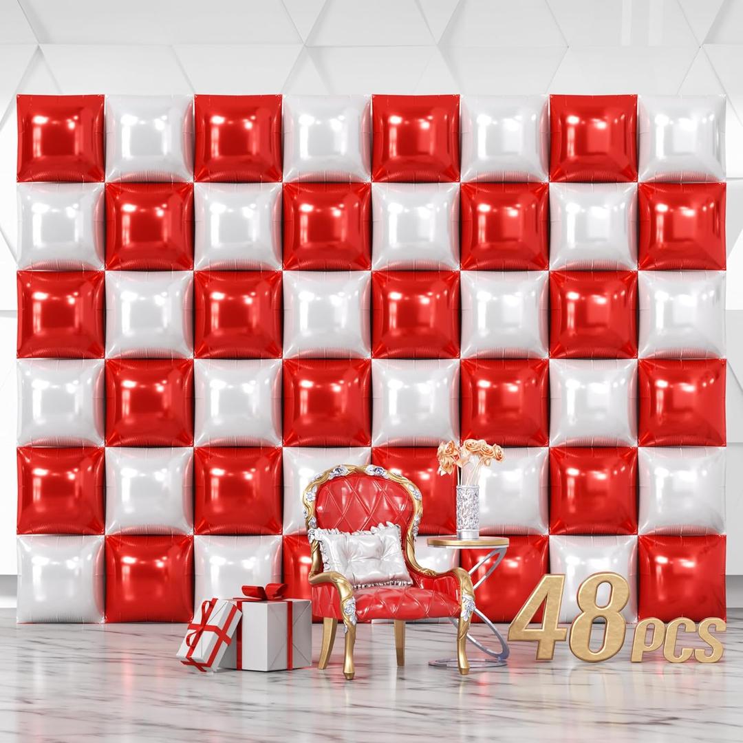 NISOCY 48PCS Red White Square Foil Balloons Wall Backdrop Double Sided Red Pearl White Balloons Arch Kit for Birthday Wedding Bridal Shower Valentine Anniversary Party Decorations