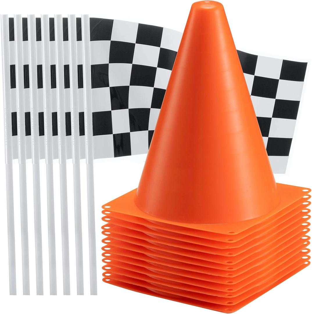 Bedwina Race Car Birthday Party Decorations - (36 Pcs) 12 - 8-Inch Orange Mini Cones for Kids & 24 Black & White Checkered Flags on Sticks - Race Car Themed Birthday Party Decor & Centerpiece Supplies