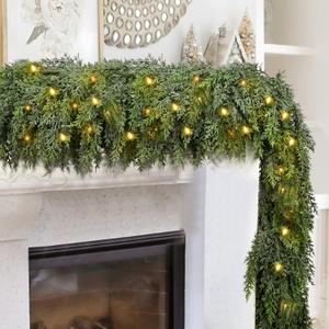 9FT Thick Christmas Garlands with 240 Cedar Branches, 50 Lights, Green Cedar Garland for Christmas Decorations, Artificial Greenery Garland for Table Mantle Wall Indoor Outdoor Holiday Decor (Cedar Pre-lit 9FT Ultra Full(1200 Tips))