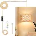 Qingmiao Boho Plug in Pendant Light, Rattan Hanging Lamp Plug in with Woven Shade, 3-Way Dimmable Hanging Light Fixture for Living Room Bedroom Kitchen Ceiling Home Decor