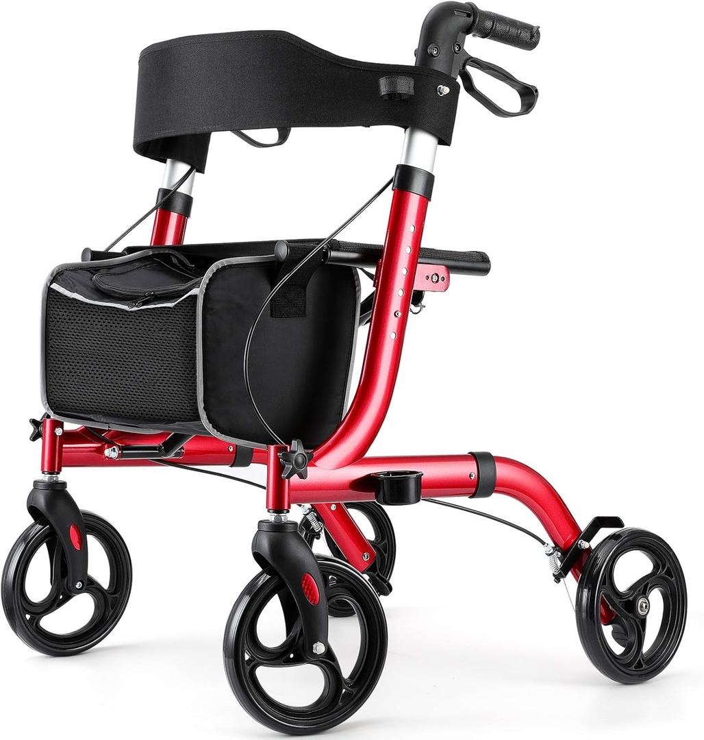 Rollator Walkers for Seniors- Rollator Walker with Seat 8" Wheels- Easy Folding Senior Walker with Padded Backrest- Lightweight Mobility Walking Aid for Adult Elderly, Aluminum Frame, Red