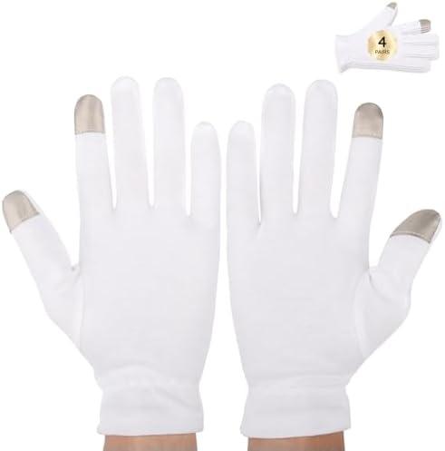 Segbeauty White Cotton Gloves with Touchscreen Fingers, 8pcs Hand Moisturizing Gloves with Elastic Band, 4 Pair Soft Cotton Sleeping Gloves for Dry Hand Overnight, White Gloves for Art Handling Medium