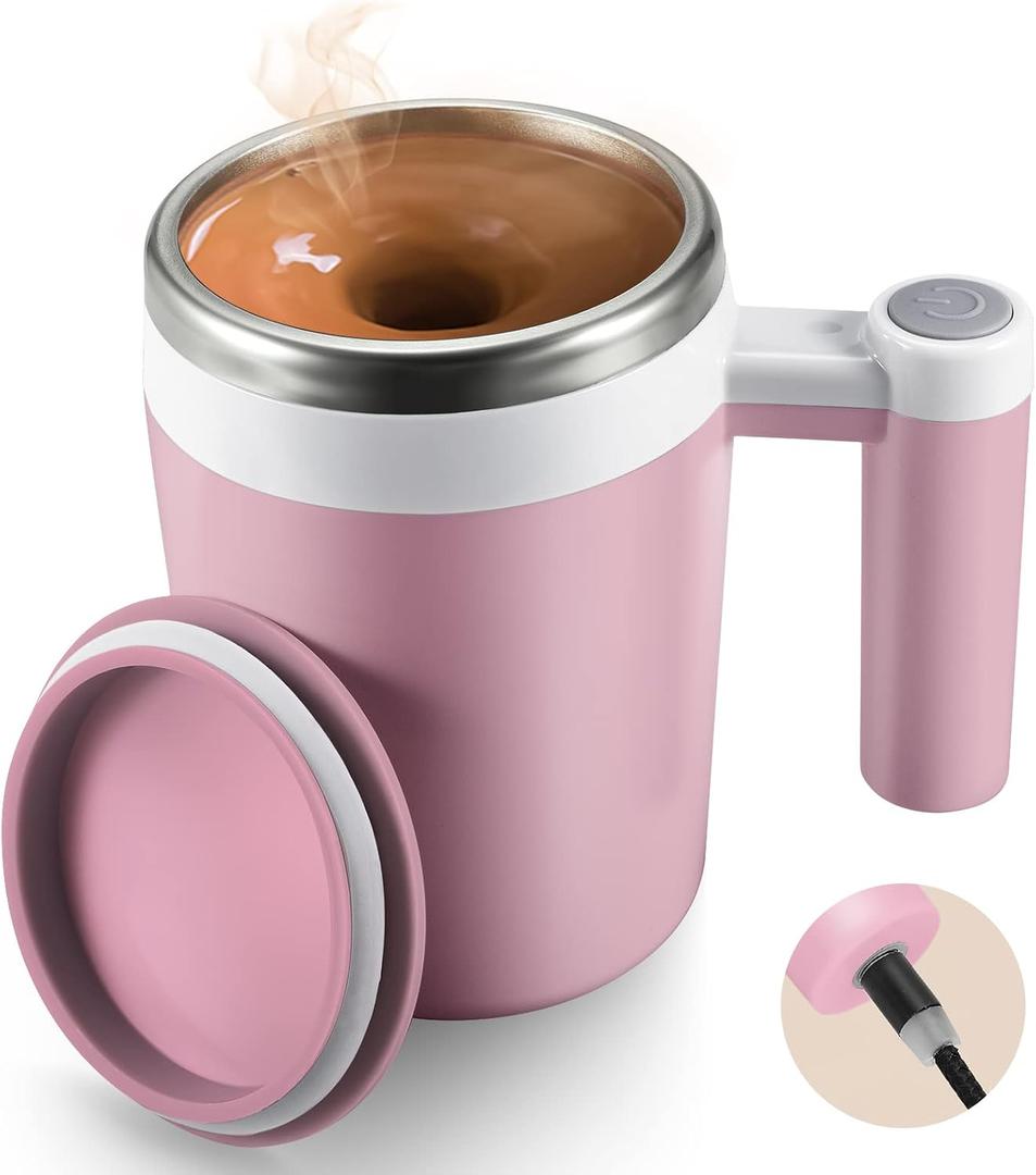 Self Stirring Coffee Mug: Rechargeable Automatic Self Stirring Mug with Magnetic Stirrer and Lid,Travel Coffee Cup for Milk/Cocoa/Office/Travel/Best Gifts 13oz (Pink)