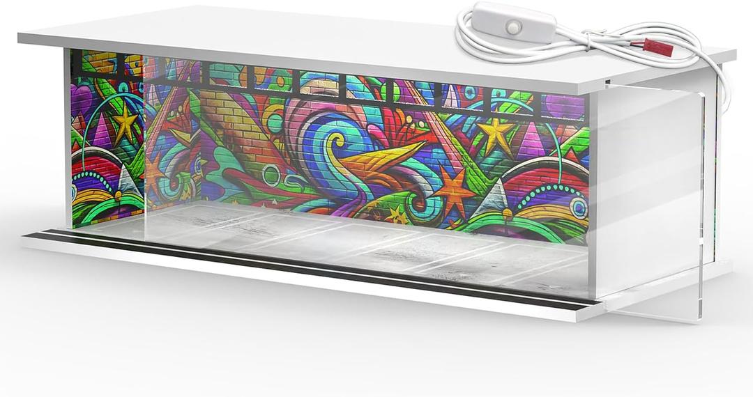 SAMYUCHO 1/64 Scale Diecast Display Case for Hot Wheels Matchbox Cars, Toy Car Model Mini Garage with LED Light and Acrylic Cover, Stackable Parking Lot Diorama Storage for Collection Present (Multi Color)