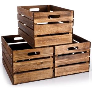 Weysat Large Wood Crates Box for Storage Unassembled Wooden Milk Crates with Handles Decorative Nesting Box for Display Unfinished Rustic Decor DIY Office Home Retail Art(12 Inch,Rustic Brown,3 Pack)