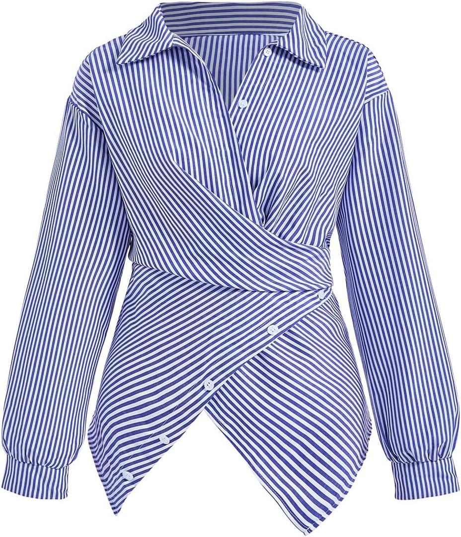 Women's Striped Bow Tie Shirt Elegant Wrap Button Front Long Sleeve Business Casual Blouse Blue and White Small