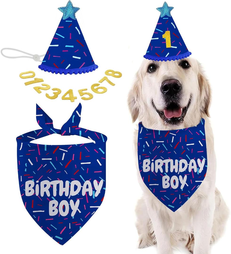 Dog Birthday Bandana Set, Blue Birthday Boy Decorations, HBD Party Supplies with Hat Kerchief Numbers for Pets (Blue)