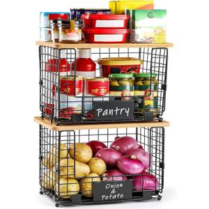 2 Set XL Stackable Wire Basket with Bamboo Tops & Tags- Pantry Organizer and Storage Bins, Kitchen Counter Cabinet Shelf Countertop Under Sink Organizing, Food Snack Produce Onion Potato Bread Storage