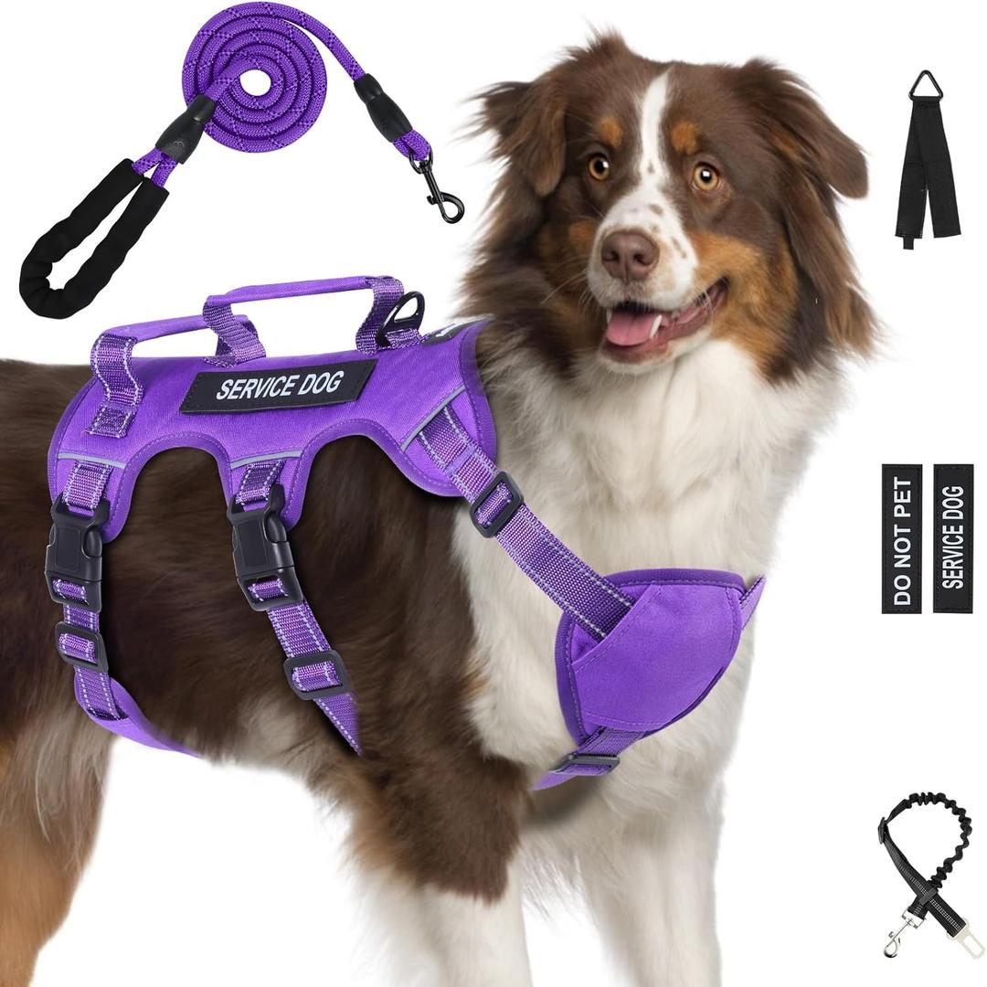 Escape Proof Dog Harness for Large Medium Sized Dogs Six Point Adjustable, Service Dog Vest Harness and Leash Set, No Pull Dogs Harnesses with Handle, XL Dog Harnesses for Walking(Purple, XL)