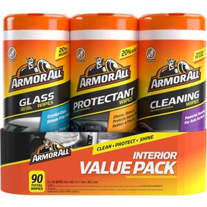 Armor All Protectant, Glass and Cleaning Wipes, Wipes for Car Interior and Car Exterior, 30 Count Each (Pack of 3) (90 Count)