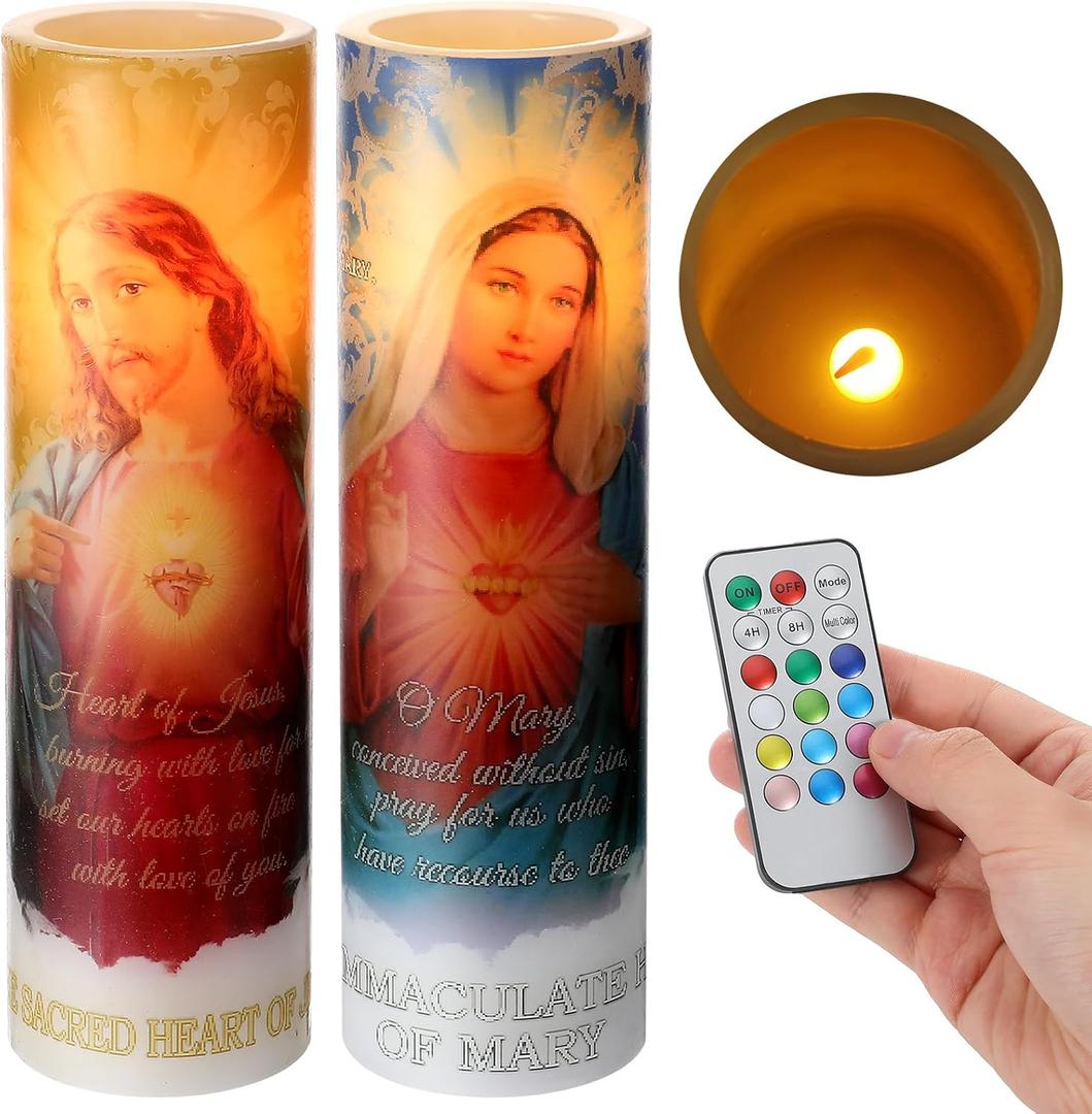 Landhoow 2 Pcs Jesus Candles Religious Flameless LED Prayer Candle Real Wax Baptism Candle Set Immaculate Heart of Mary and Sacred Heart of Jesus Battery Operated with Remote Control