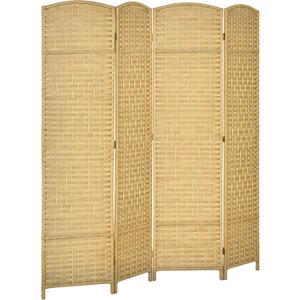 HOMCOM 4 Panel Room Divider, 6' Tall Folding Privacy Screen, Hand-Woven Freestanding Wood Partition for Home Office, Bedroom, Nature Wood