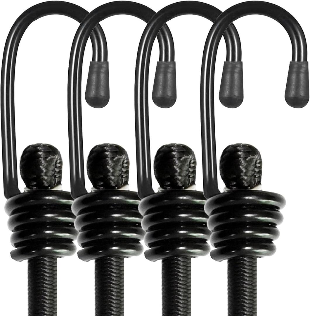 BEXSLE Bungee Cords with Hooks, Heavy Duty Outdoor Elastic Bungee StrapsNo Odour Industrial Grade Bungee Rope for Securing Tarps, Luggage, Tents, Bikes or Garden Tidying 24inch 4Pcs (Black)