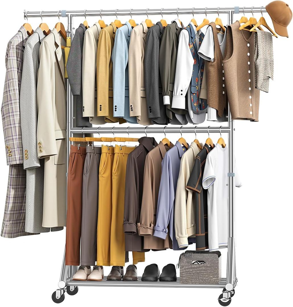 100% Stainless Steel Heavy Duty Clothes Rack Load 860LBS, Rolling Double Rods Clothing Racks for Hanging Clothes, Adjustbale Garment Rack With Sturdy Wheels Shelf, Portable Closet Rack Free Standing (Silver)