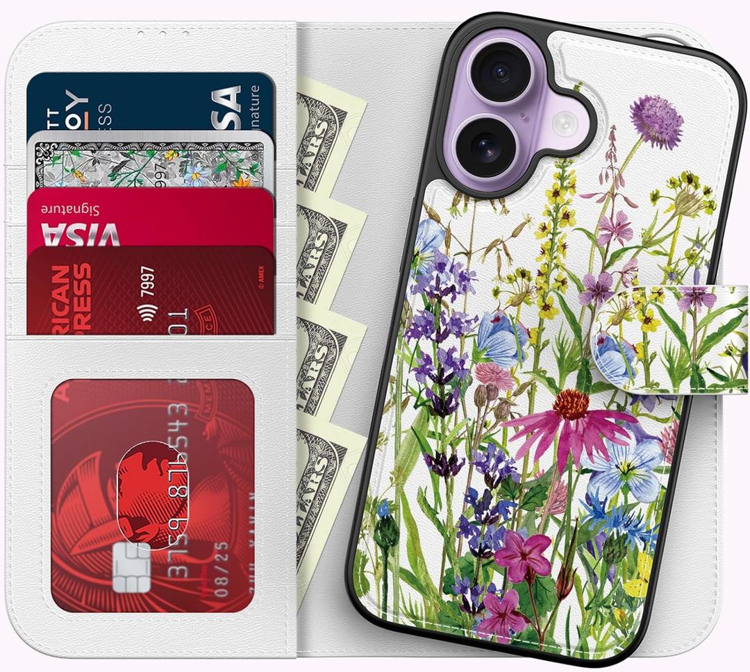 FUNMIKO for iPhone 17 Case Wallet,Detachable Flip Folio Leather Cover,RFID Blocking 4 Card Slots Holder,Magnetic Kickstand,Protective Phone Shell for Women Girls,Blooming Wildflowers