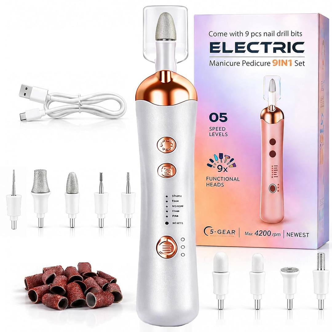 Professional Nail Drill Kit, Electric Nail File for Seniors & Thick Toenails, Nail Drill Professional, Nail Files and Buffers, Drill Nails Machine with 5-Speed Adjustable, 9 Replaceable Heads