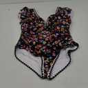 Women's One Piece Ruffle Swimsuit Tummy Control Bathing Suit V Neck Shell Stitched Swim Suit Slimming Swimwear (Large, Black Pink Flower)