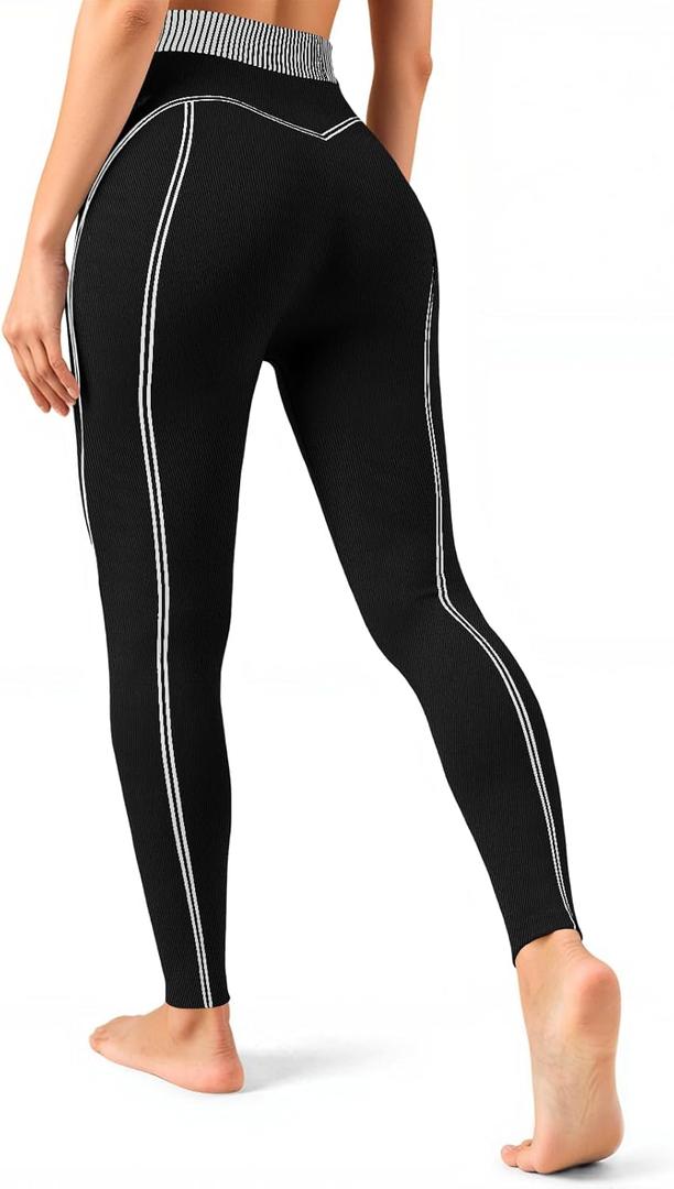 Fisoew Women's High Waisted Yoga Leggings Striped Seamless Butt Liftting Stretchy Running Gym Workout Pants Black